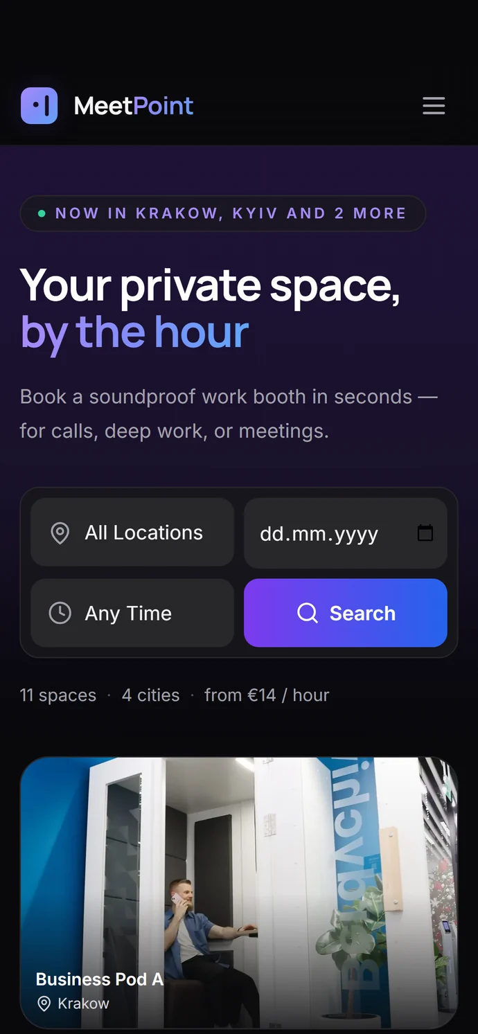 MeetPoint app: search for an acoustic booth by location, date and time — from €14 per hour