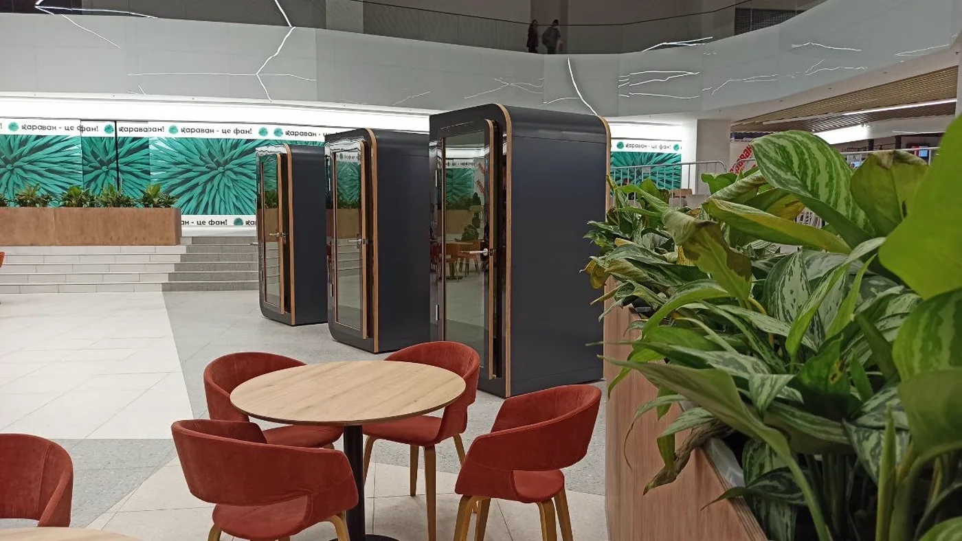 Silentbox acoustic booths in the food-court area of the Karavan mall, Kharkiv