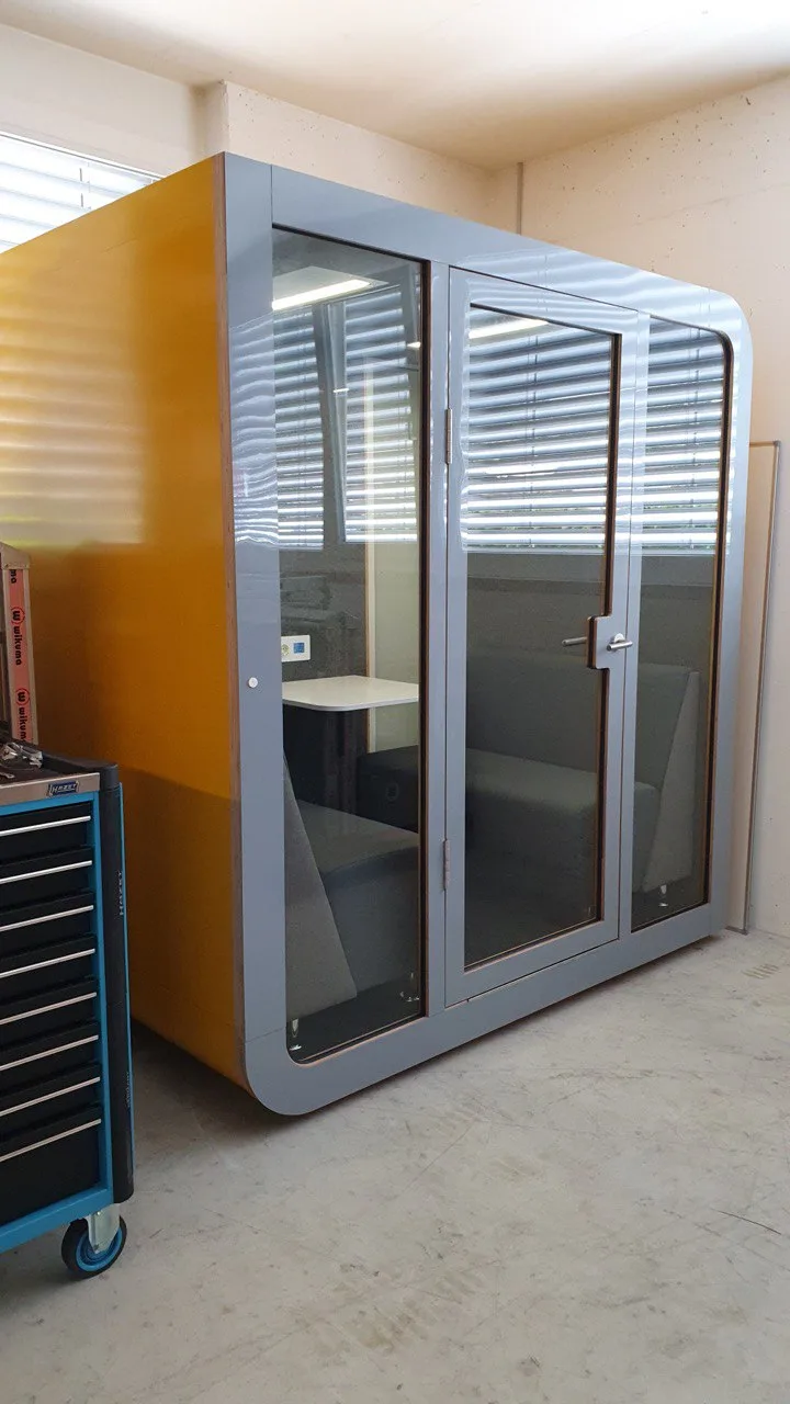 Silentbox acoustic booth — Mustard & grey, Production site