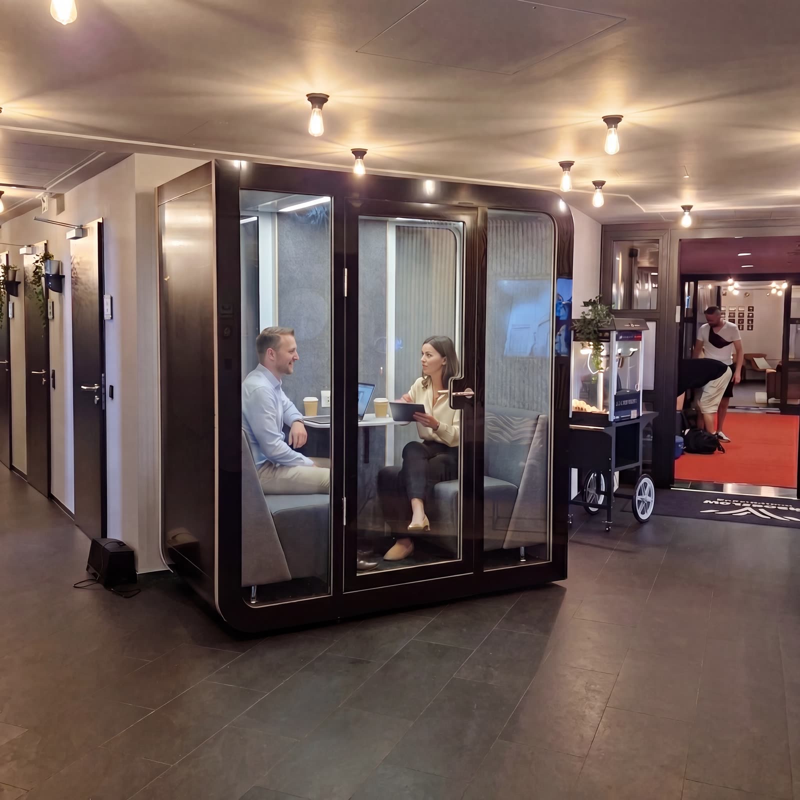 A booth next to the work zone: the conversation stays inside, the neighbours' work is not interrupted