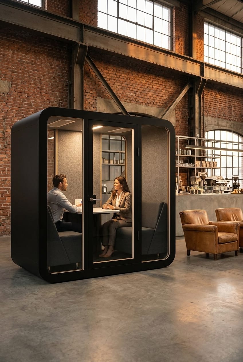A black meeting pod in a loft — Silentbox Quartet Premium booth