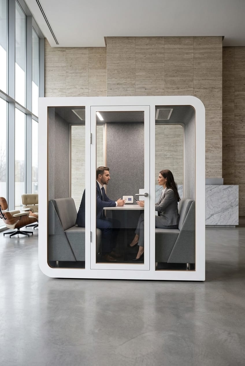 Client meetings at reception — Silentbox Quartet Premium booth