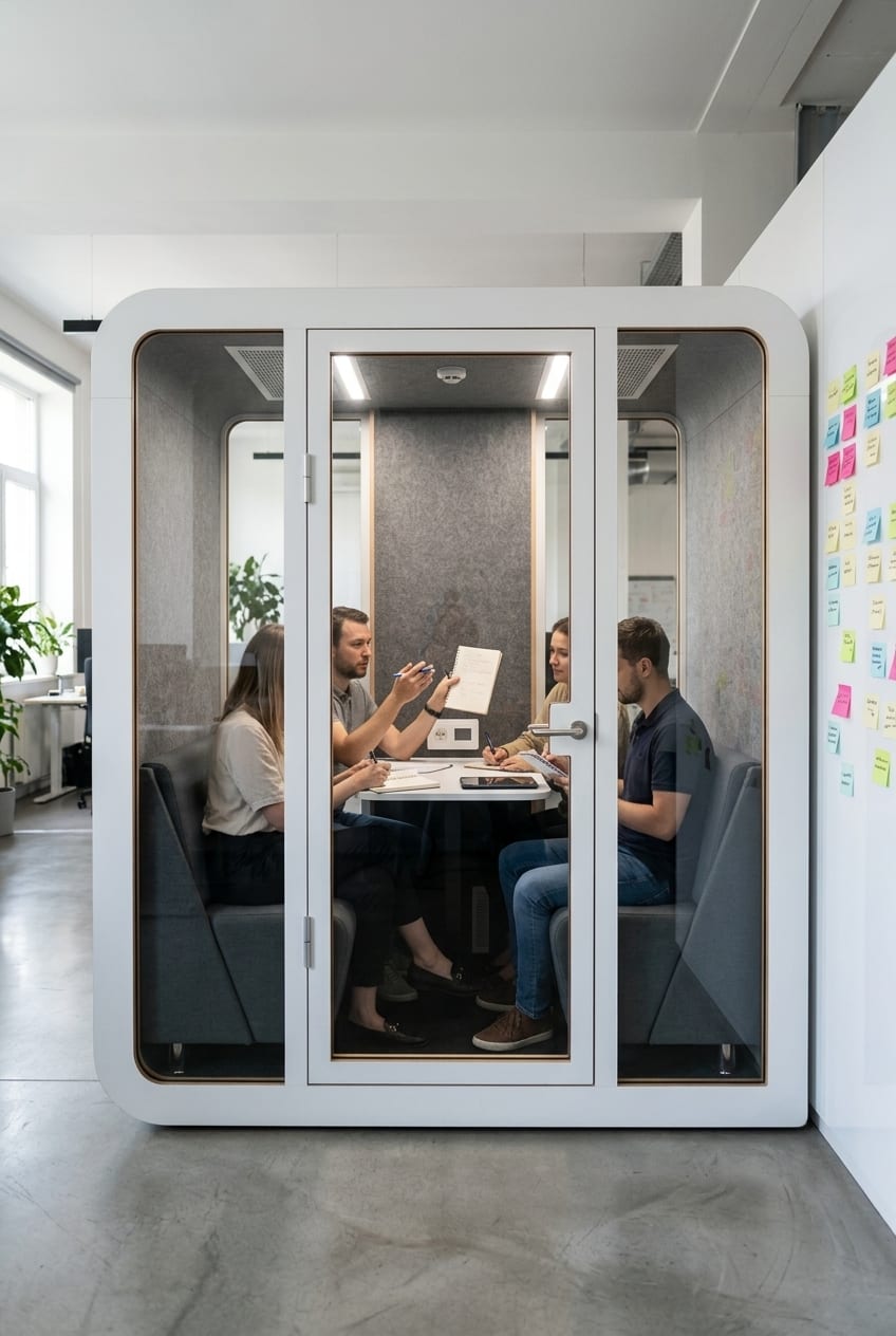 A brainstorm room next to the team — Silentbox Quartet Premium booth