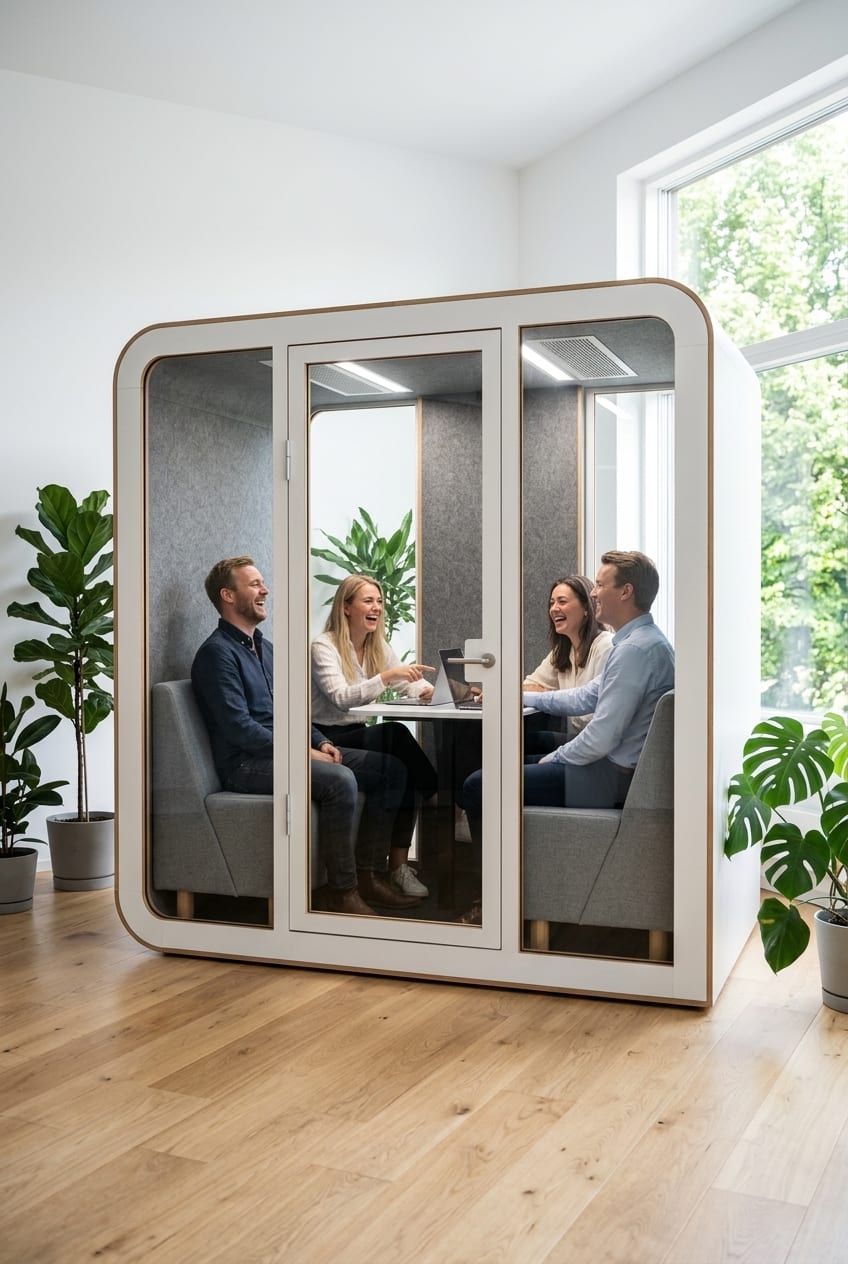 A meeting pod by the window — Silentbox Quartet Premium booth