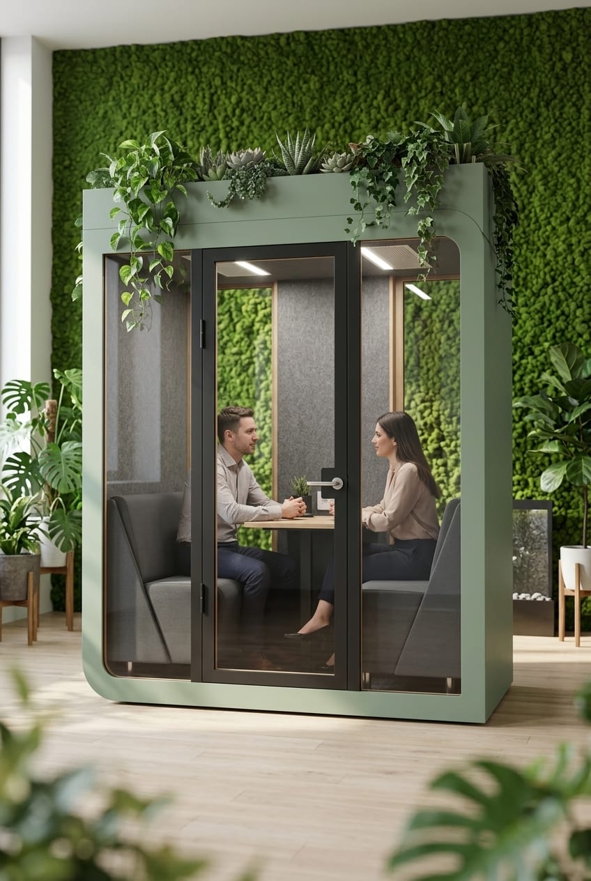 A green meeting pod among plants — Silentbox Quartet Premium booth