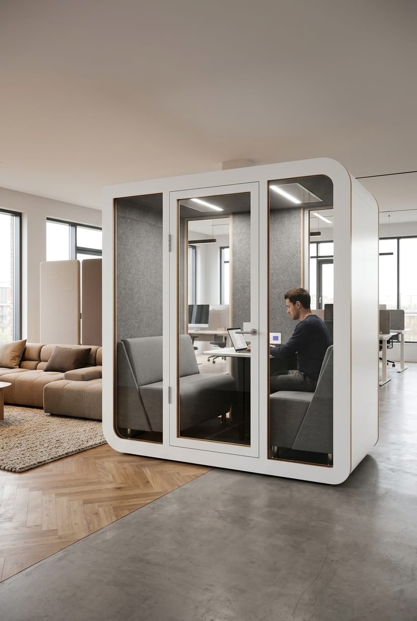 A meeting pod that doubles as a focus room — Silentbox Quartet Premium booth