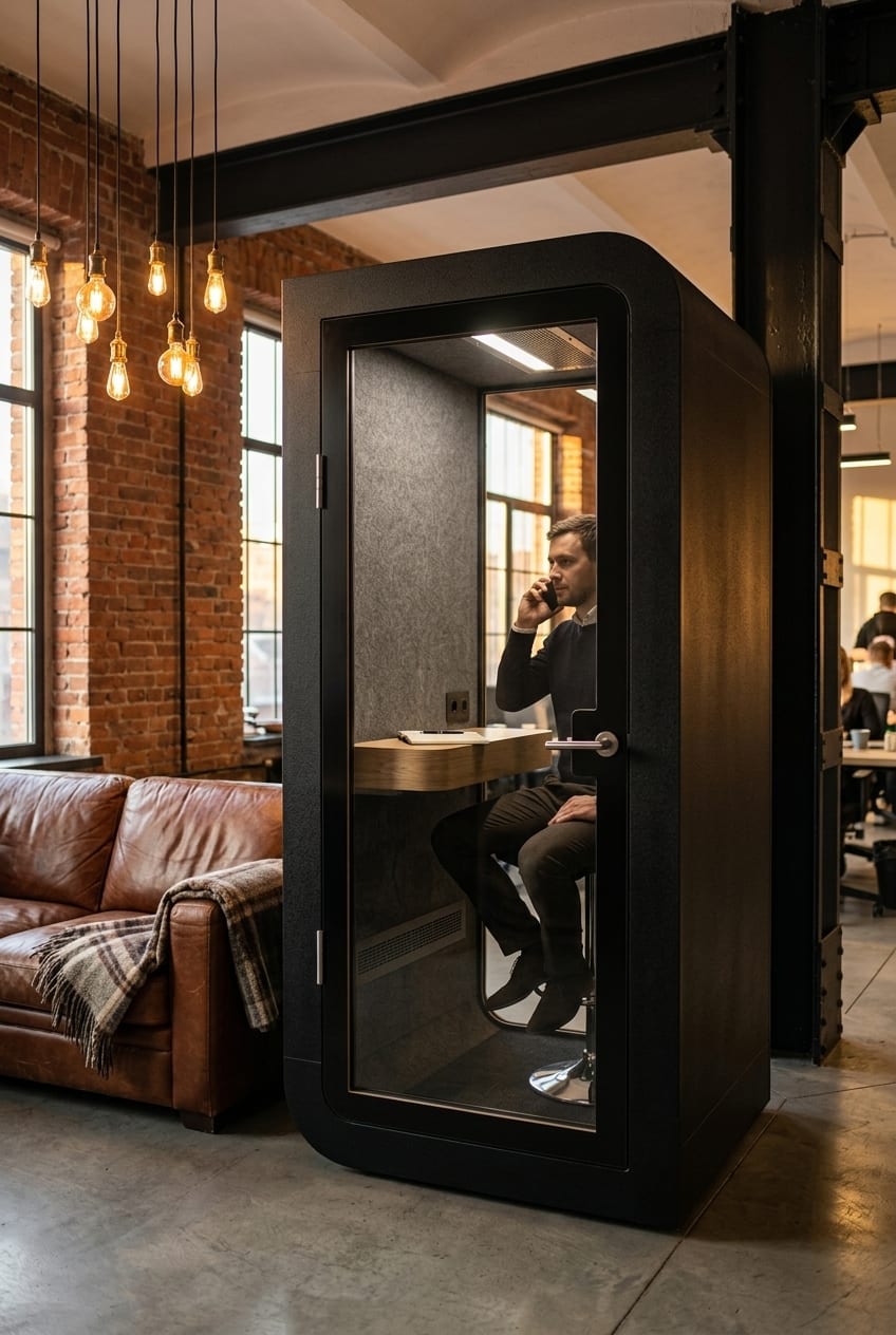 Black booth in an industrial loft — Silentbox Solo Premium booth