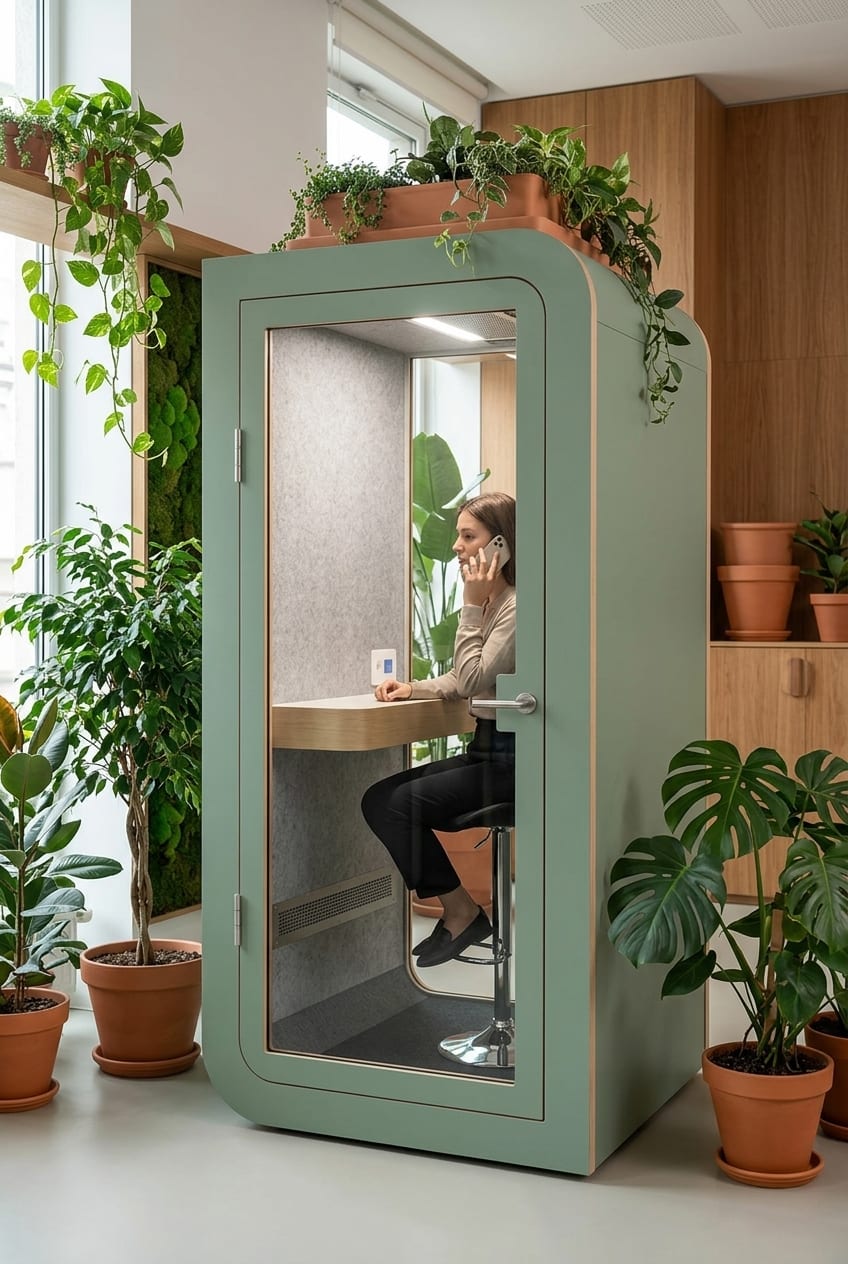Green booth among the plants — Silentbox Solo Premium booth