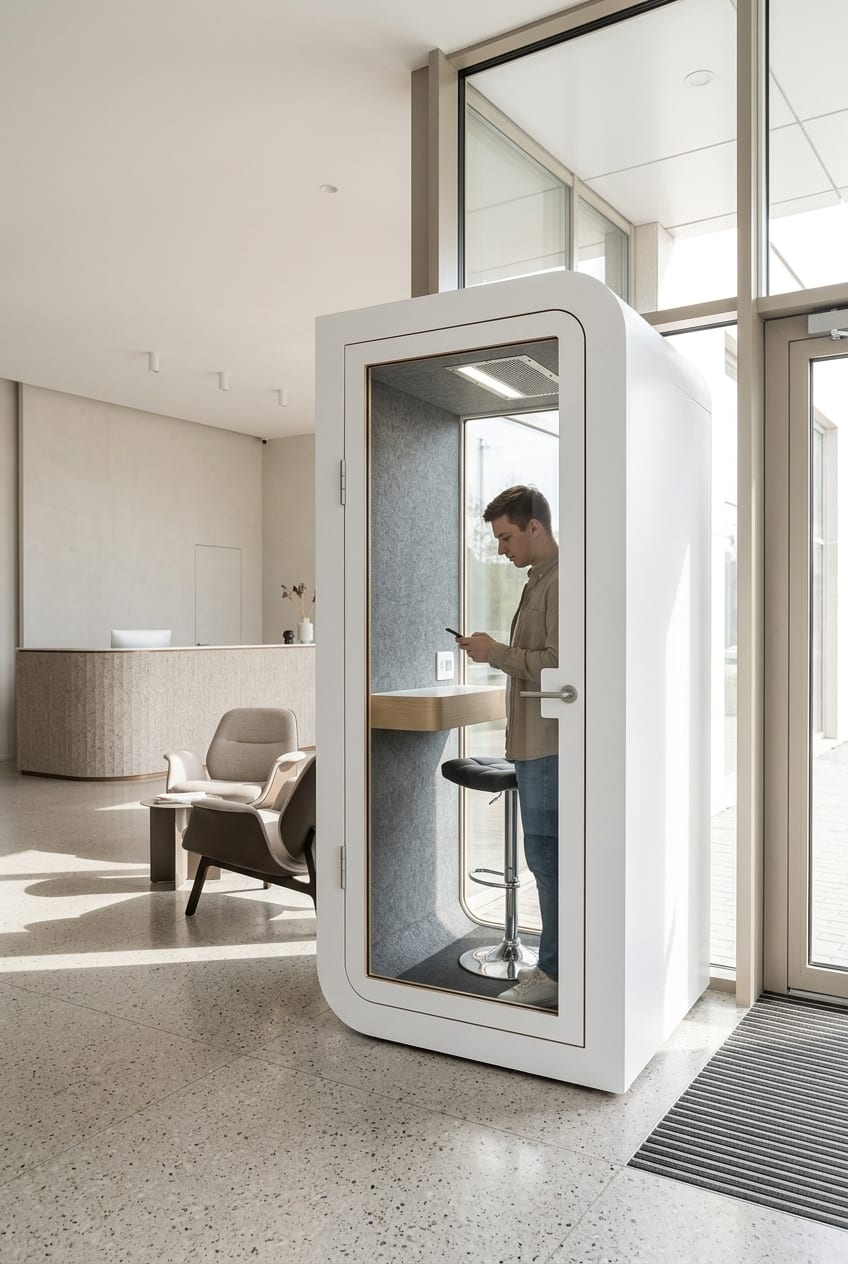 A quiet corner at reception — Silentbox Solo Premium booth