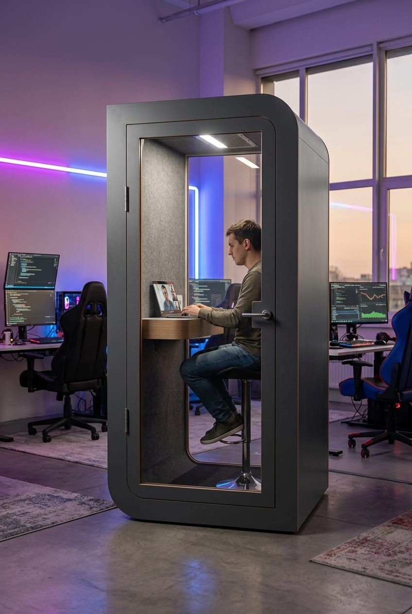 Startup office after dark — Silentbox Solo Premium booth