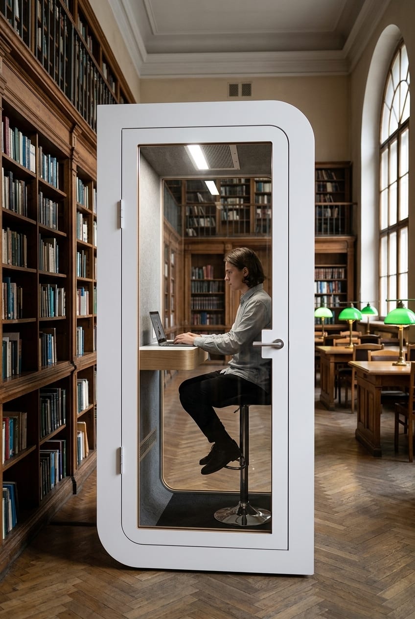 A call booth in the library — Silentbox Solo Premium booth