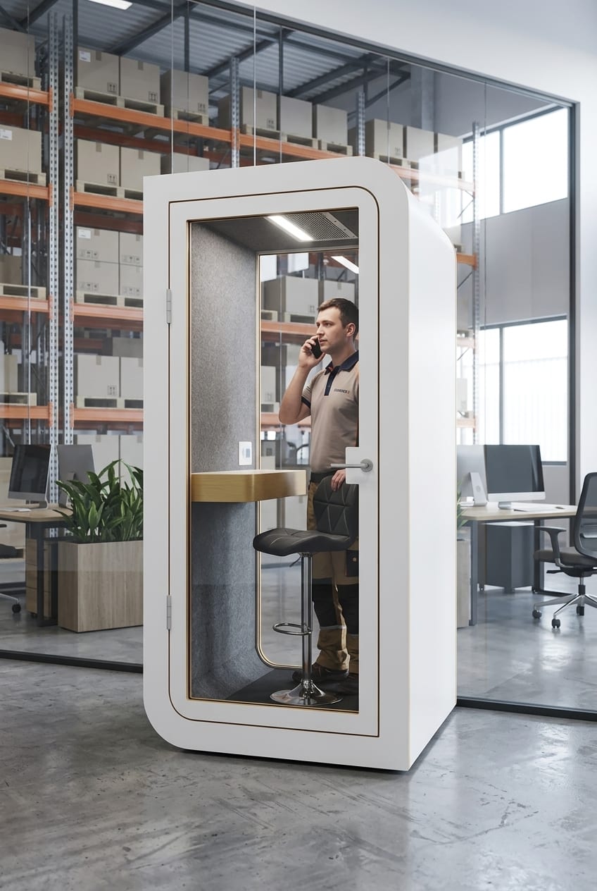 A quiet spot on the warehouse floor — Silentbox Solo Premium booth