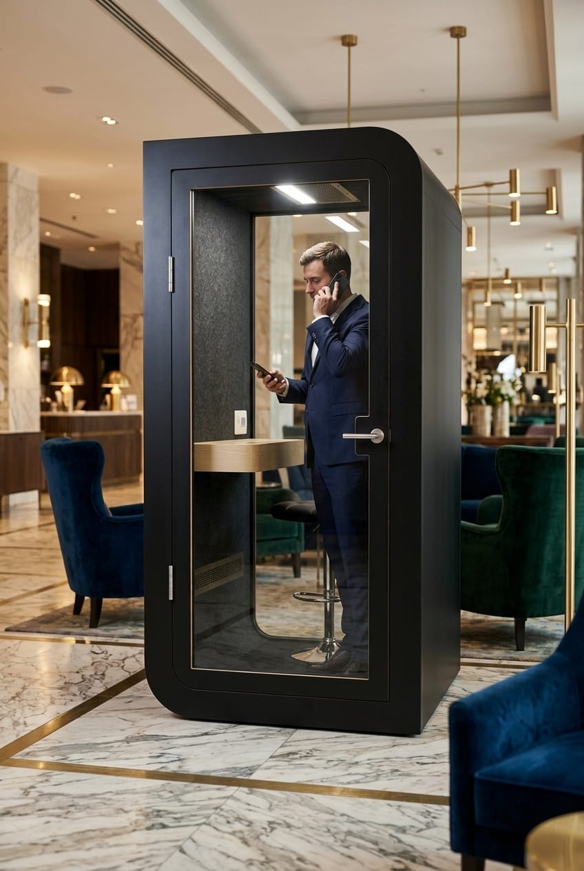 A private call booth in a hotel lobby — Silentbox Solo Premium booth