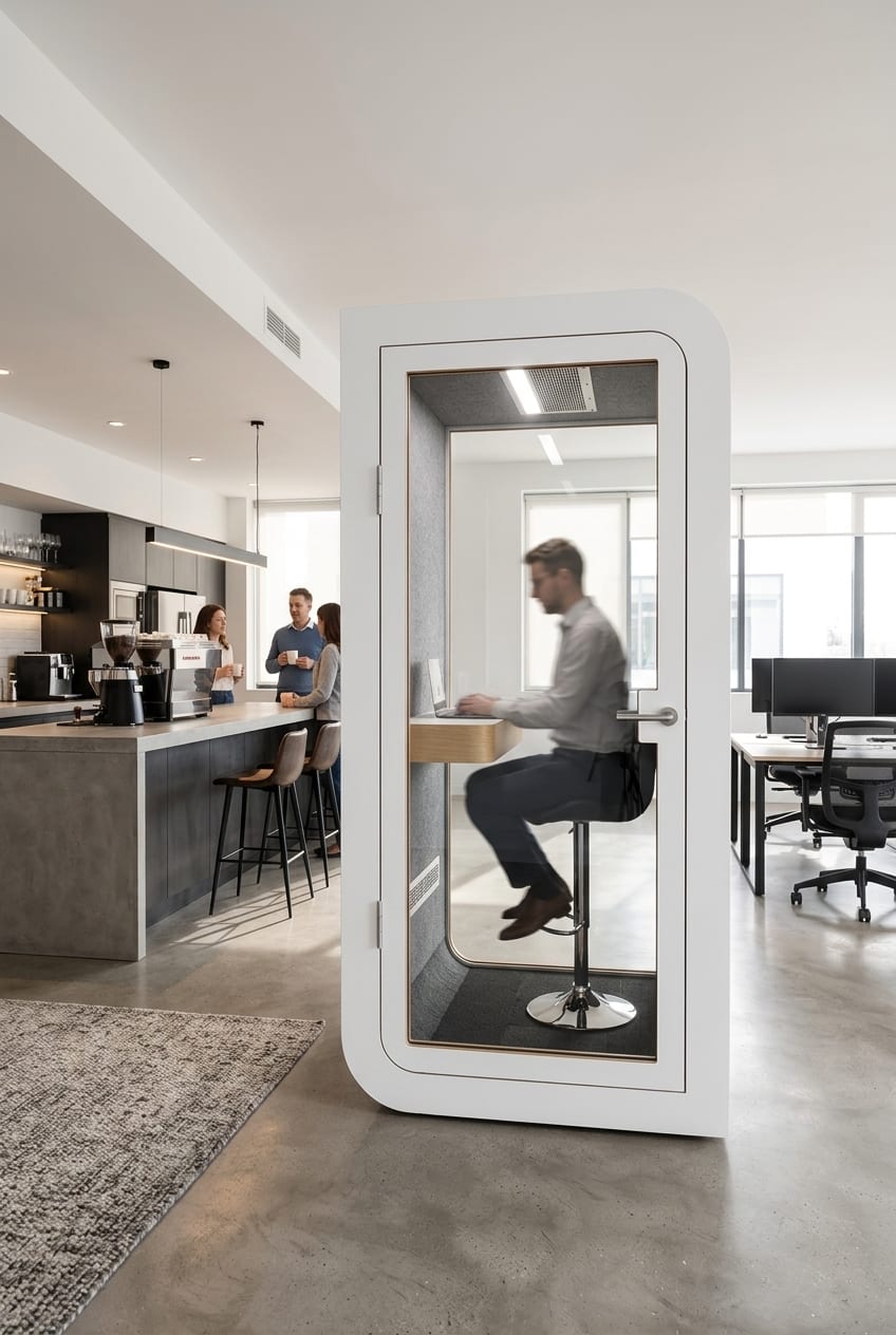 Between the kitchen and the desks — Silentbox Solo Premium booth