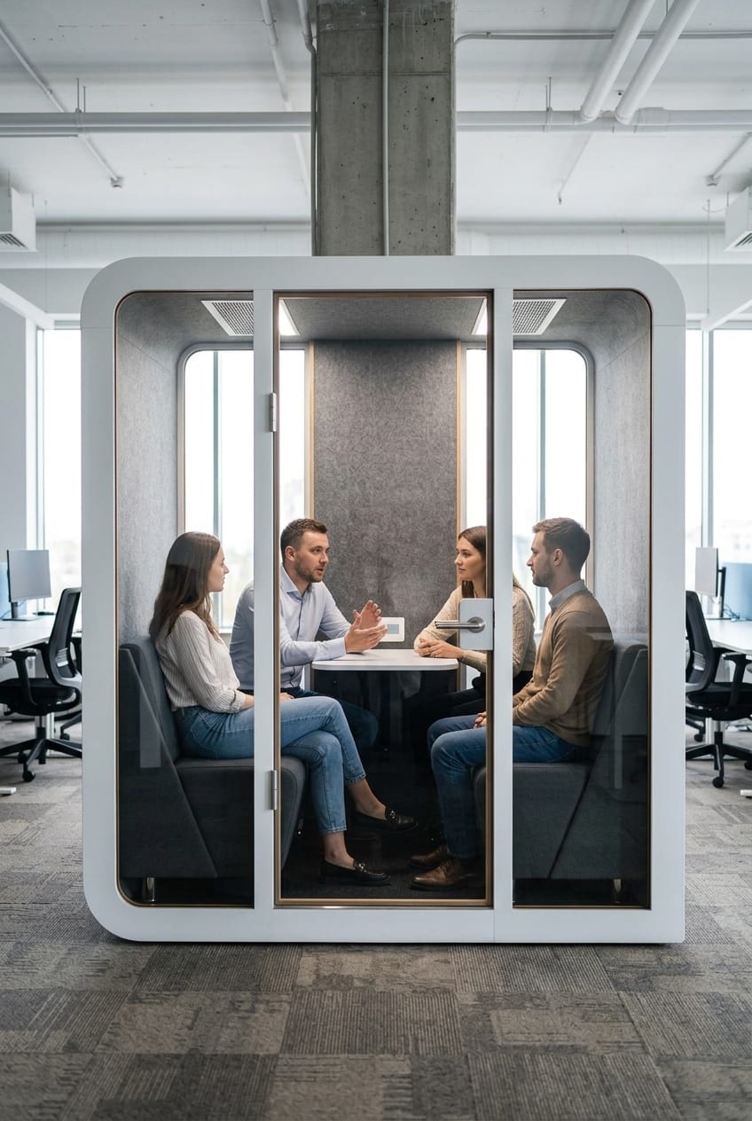 Move quick meetings off the desks — Silentbox Quartet Premium booth