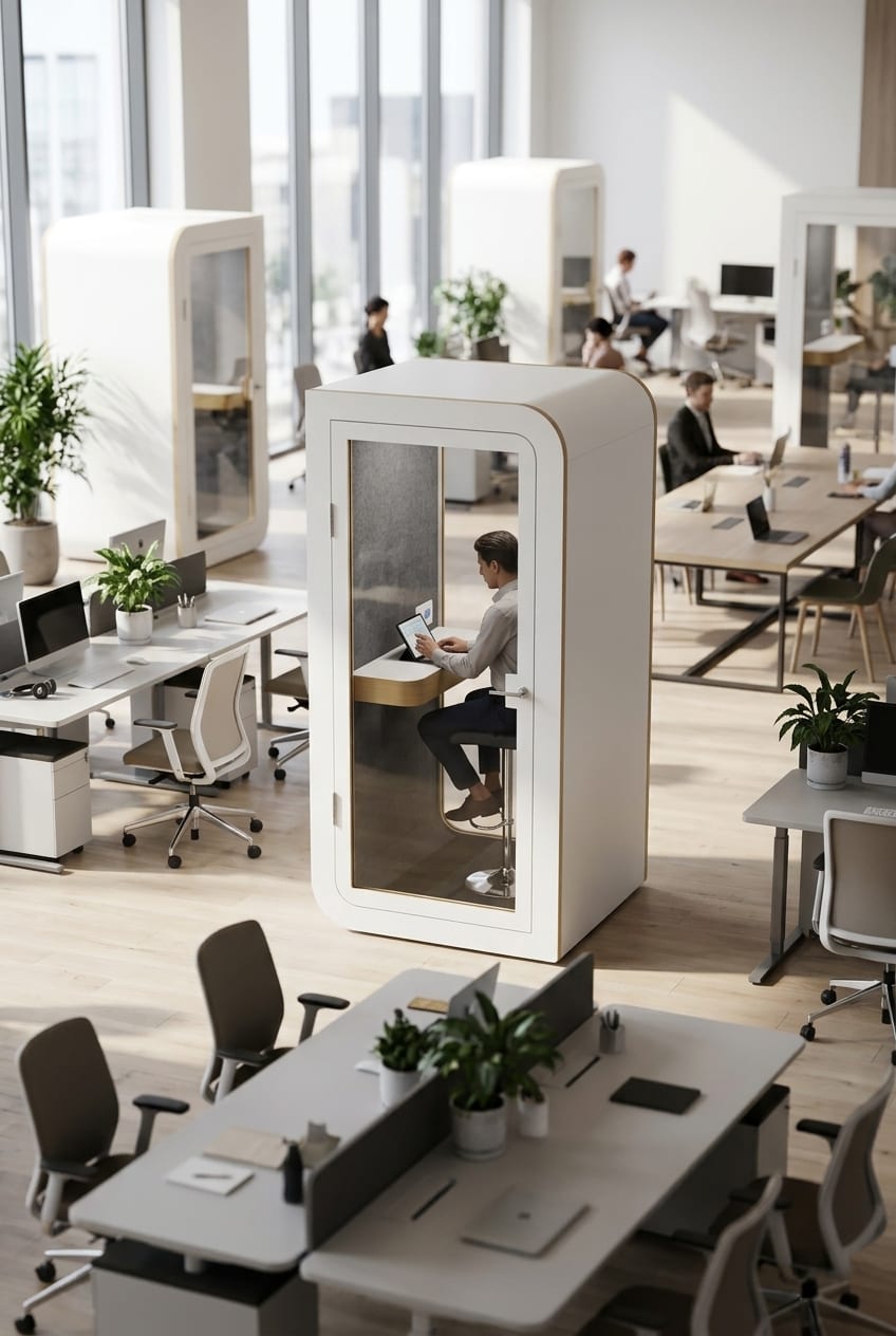 One booth near every desk cluster — Silentbox Solo Premium booth