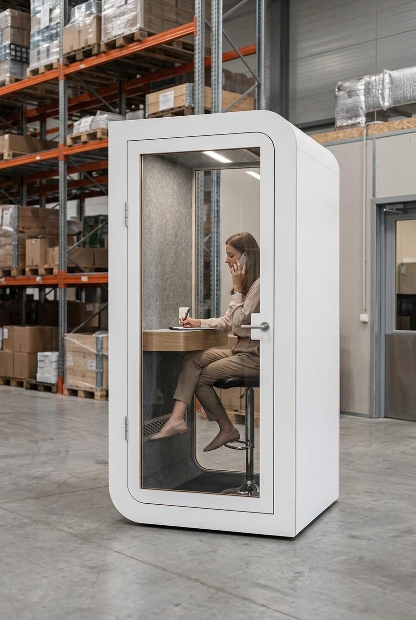 On the warehouse floor — Silentbox Solo Premium booth