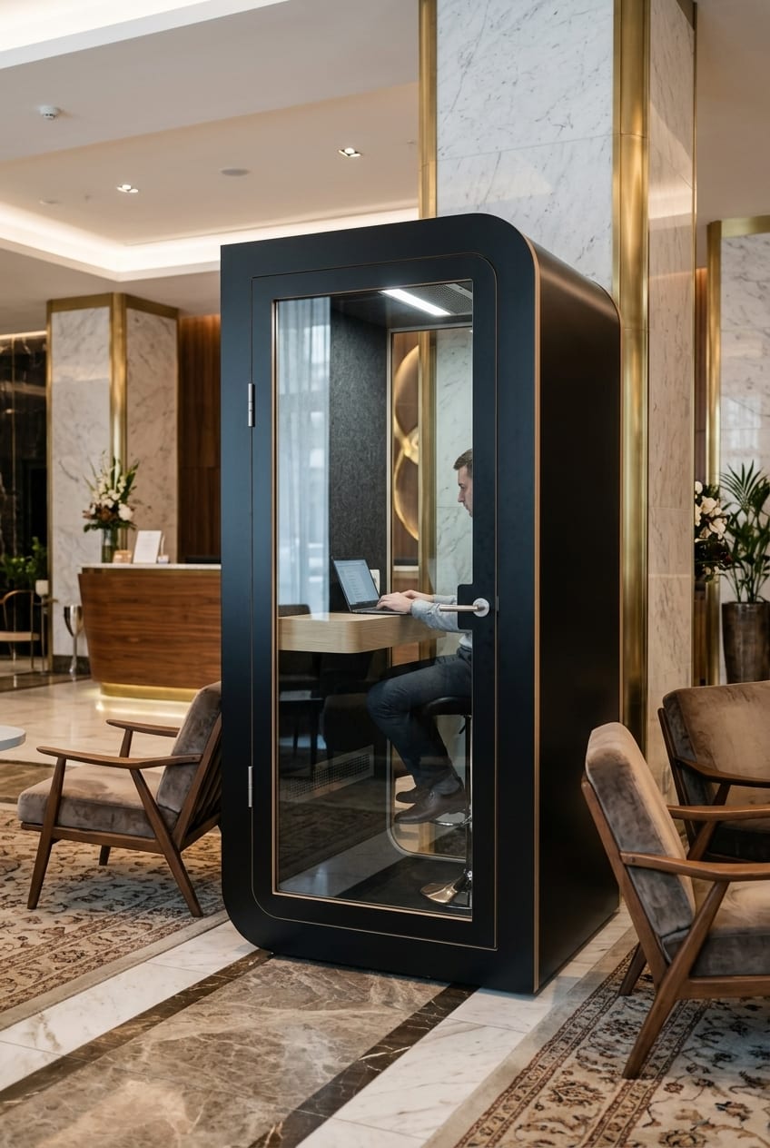 In a hotel lobby — Silentbox Solo Premium booth