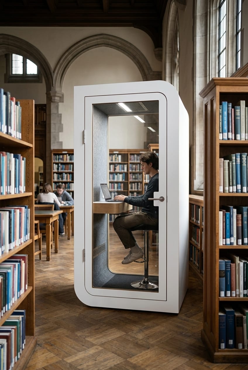 In a library — Silentbox Solo Premium booth